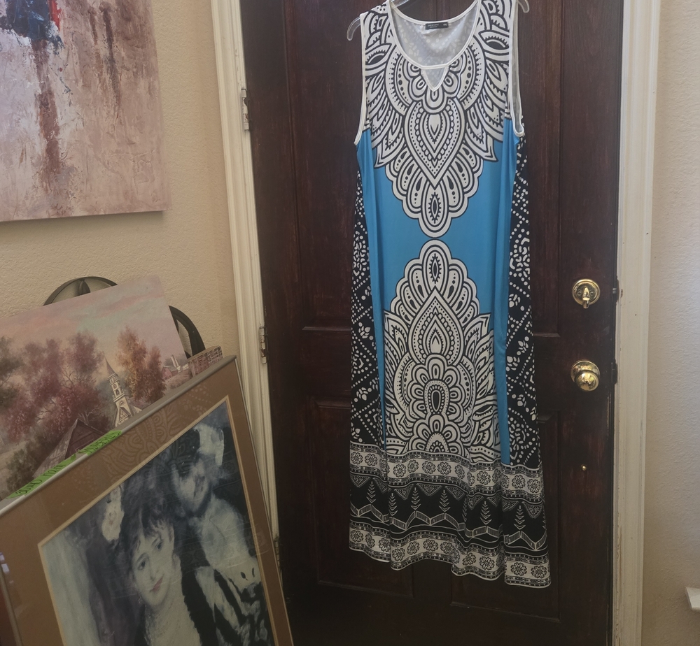 SHEIN Blue, Black and White Sleeveless Printed Maxi Dress